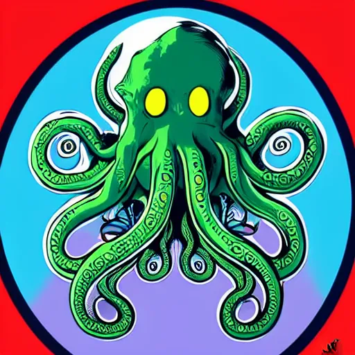 Image similar to hyper realistic award winning illustration by jamie mckelvie of in frame cute cthulhu moving it's tentacles against a blue background, digital art