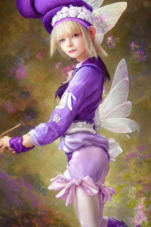 Image similar to Full View fairy maiden with short blond hair wearing an oversized purple Beret, Baggy Purple overall shorts, Short Puffy pants made of silk, silk shoes, a big billowy scarf, Golden Ribbon, and white leggings Covered in stars. covered in embroidery. Short Hair. peasant magic. masterpiece 4k digital illustration by Ruan Jia and Mandy Jurgens and Artgerm and william-adolphe bouguereau, award winning, Artstation, art nouveau aesthetic, Alphonse Mucha background, intricate details, realistic, panoramic view, Hyperdetailed, 8k resolution, intricate art nouveau