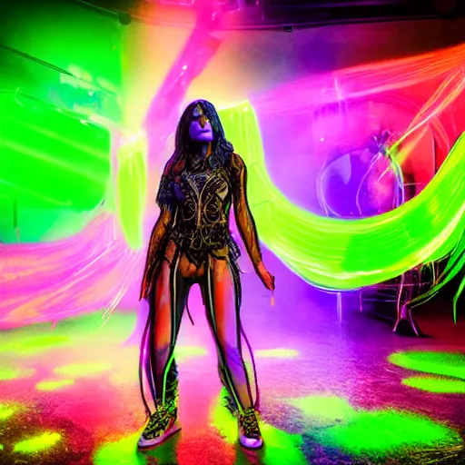 Prompt: full body pose, hyperrealistic photograph of a beautiful rave woman, glowsticks, dim volumetric lighting, 8 k, octane beautifully detailed render, extremely hyper detailed, intricate, epic composition, cinematic lighting, masterpiece, trending on artstation, very very detailed, stunning, hdr, smooth, sharp focus, high resolution, award, winning photo, dslr, 5 0 mm