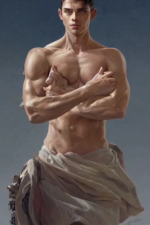 Image similar to Young man, no beard, muscular upper body, D&D, fantasy, realistic physic, accurate hyper-realistic body, elegant, highly detailed, digital painting, artstation, concept art, smooth, sharp focus, illustration, art by artgerm and greg rutkowski and alphonse mucha