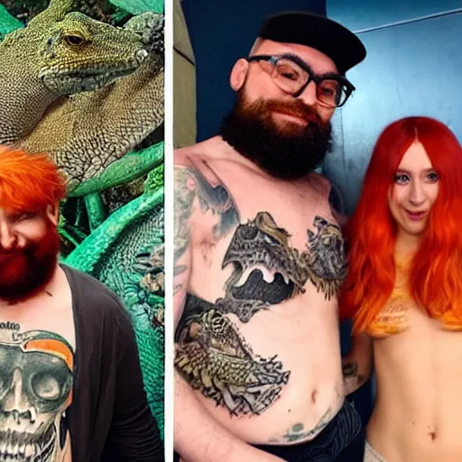 Prompt: an attractive slender woman with red orange hair and a man with a dark beard and tattoos are very happy amongst cheese and lizards