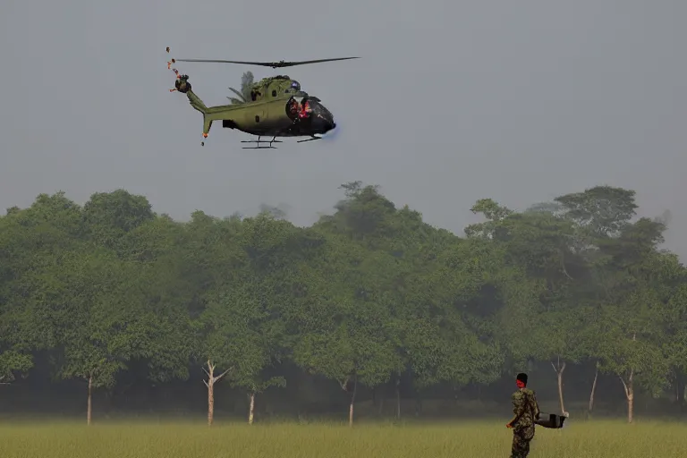 Image similar to bangladesh army commander jumping from a helicopter, cinematic shot, motion still, atmospheric