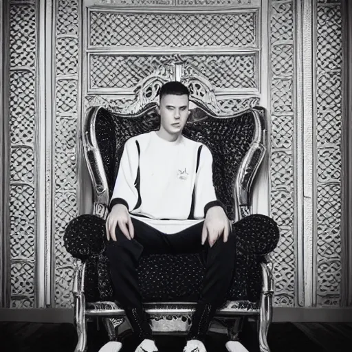 Image similar to Young white Almighty God, wearing tracksuit sitting in armchair in poor european apartment. Perfect composition. Digital art, in style of Viktor Miller-Gausa, intricate stunning texture and details, fine detailed face. Dramatic lighting