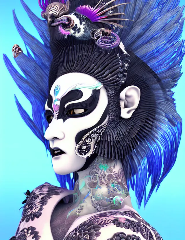 Image similar to 3 d photo realistic goddess close - up profile portrait punk with mohawk with ram skull. beautiful intricately detailed japanese crow kitsune mask and clasical japanese kimono. betta fish, jellyfish phoenix, bio luminescent, plasma, ice, water, wind, creature, artwork by tooth wu and wlop and beeple and greg rutkowski