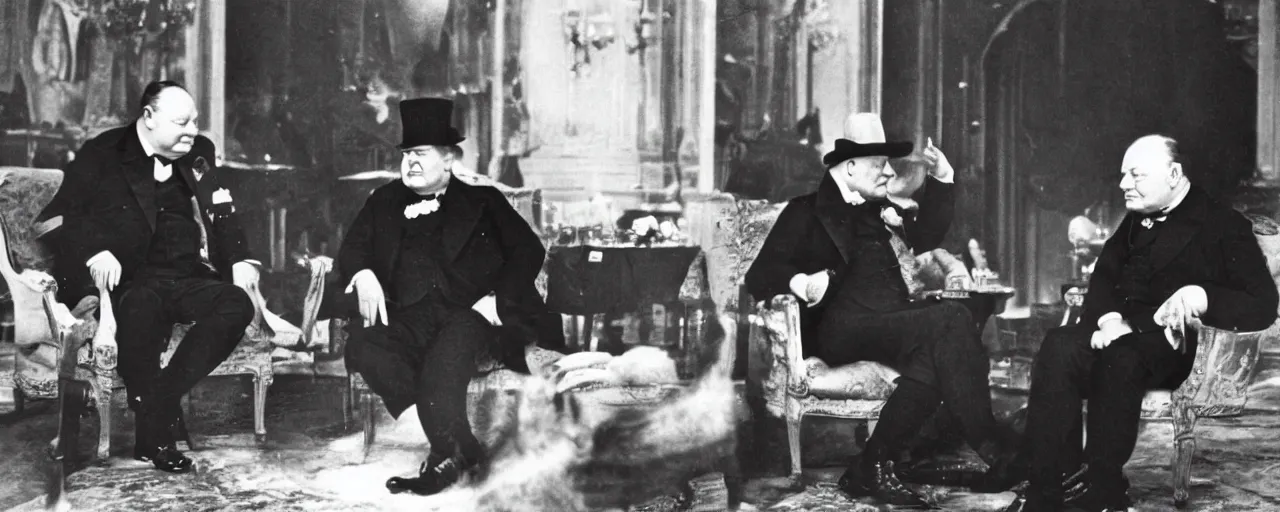 Image similar to Winston Churchill talking to Napoleon Bonaparte, vintage photo