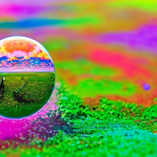 Image similar to macro photo bright day of a tiny sphere containing alternate reality world placed on the ground gobi desert in background dreamy swirling colors