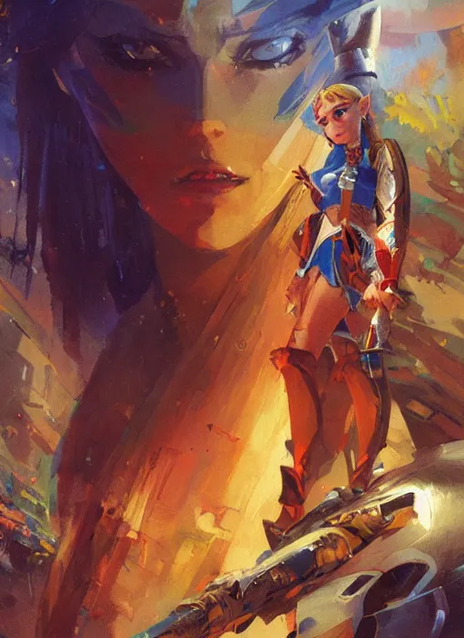 Image similar to Princess Zelda by John Berkey and Vincent Di Fate, rule of thirds, seductive look, beautiful, in intergalactic hq, ethereal lighting, smooth, masterpiece, Refined