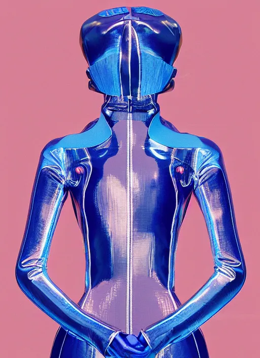Prompt: a digital portrait of an european girl detailed features wearing a cyber kimono latex suit wedding dress - synthetic materials imac bondi blue 1 9 9 8 by issey miyake by ichiro tanida and mitsuo katsui