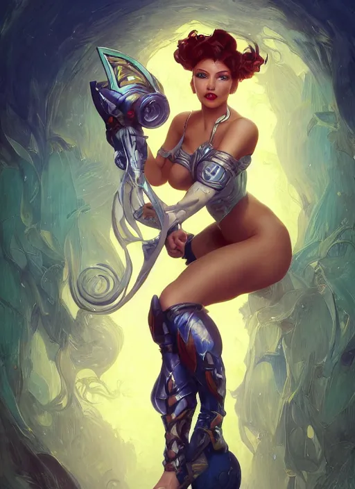 Image similar to character portrait of leona from league of legends, pinup pose, full body, hyper detailed, digital illustration, illustration, trending in artstation, cinematic lighting, studio quality, sharp focus, intricate, elegant, art style by alphonse mucha, klimt and nixeu, ian sprigger, wlop, krenz cushart, greg rutkowski