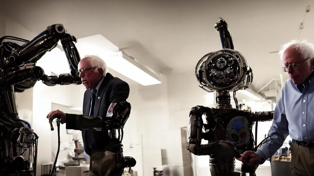 Image similar to bernie sanders putting the finishing touches on a cute clockwork doomsday robot, cinematic moody lighting, sharp focus, imax
