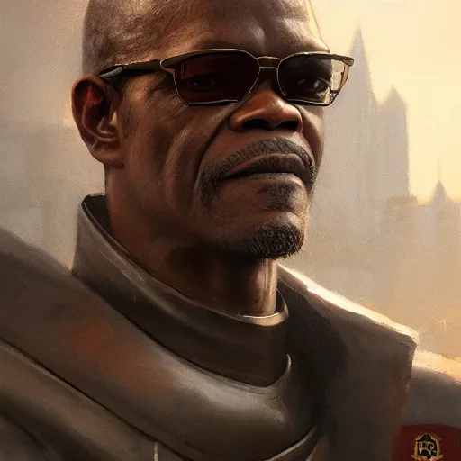 Image similar to closeup portrait of a young samuel jackson as a medieval knight, city background, dramatic light, gorgeous view, depth, high detail, digital art, painted by greg rutkowski, trending on artstation