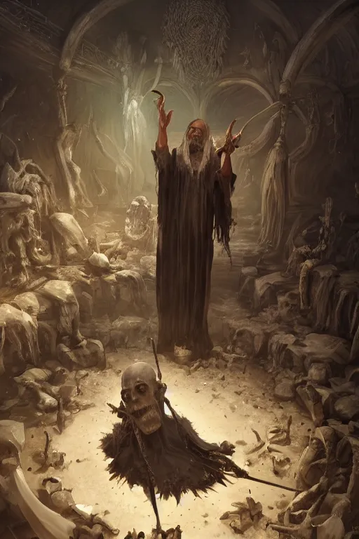 Image similar to a necromancer with a staff casts a spell that reveals the secret of life the universe and everything, dirty linen robes, staff of bones, grizzled bearded withered man by jessica rossier and hr giger