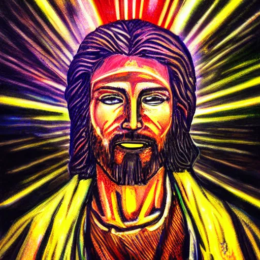 Prompt: a realistic painting of neon jesus they prayed in the dark city of tokyo, cyberpunk, wideangle camera