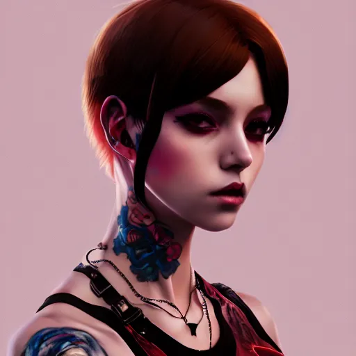 Image similar to portrait of a beautiful punkrock woman in crop top, art by saruei and guweiz and ilya kuvshinov, digital art, highly detailed, intricate, sharp focus, trending on artstation hq, deviantart, pinterest, unreal engine 5, 4 k uhd image