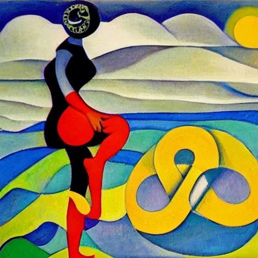 Prompt: woman dancing with a triskele by the ocean while the waves crash on the seashore, high quality art in the style of cubism and geogia o keefe