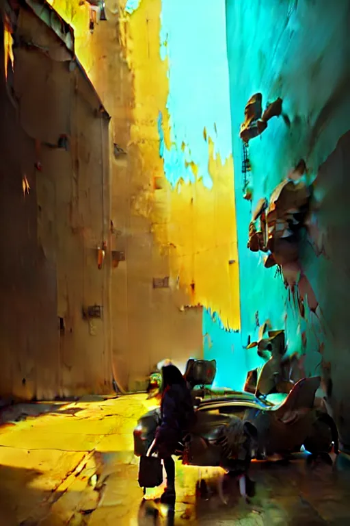 Image similar to matte painting extreme offset 3 d calligraphy graffiti mural dripping paint wall extreme maximalism by atey ghailan, by greg rutkowski, by greg tocchini, by james gilliard, by joe fenton, yellow, brown, black and cyan color scheme, octane render