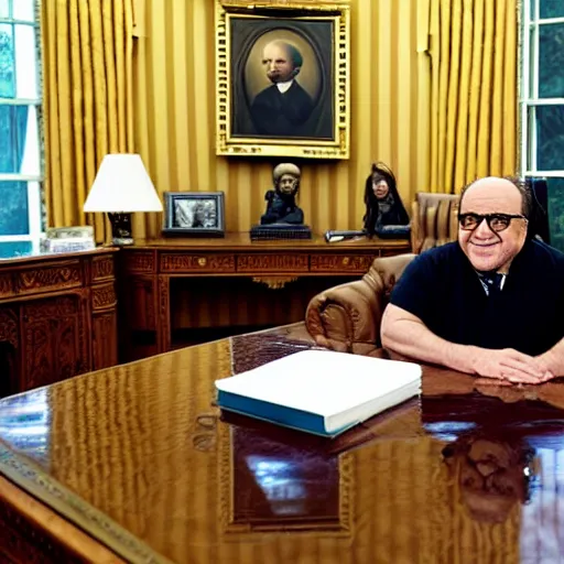 Prompt: portrait of president danny devito sitting in his chair behind the desk in the oval office