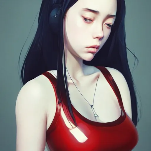 Image similar to a beautiful japanese billie eilish kat dennings alluring instagram model in elaborate latex tank top, by guweiz and wlop and ilya kuvshinov and artgerm and makoto shinkai and studio ghibli, symmetrical eyes, aesthetic, gorgeous, stunning, alluring, attractive, artstation, deviantart, pinterest, digital art