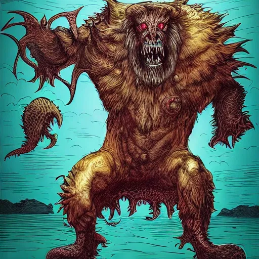 Prompt: precisely drawn illustration of sinister beast monster, wide angle, sharp, fine details, French comic style, vibrant realistic colors, full color, heroic fantasy, intense line art, 8k, precise linework, realistic, in the style of Richard Corben and Moebius
