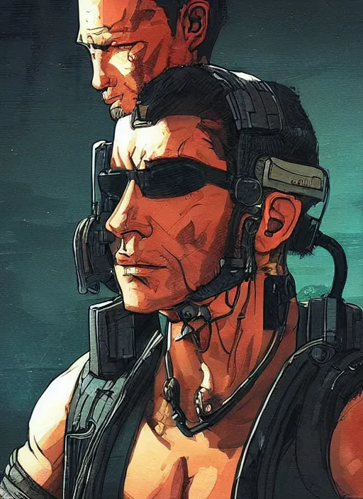 Prompt: Menacing Hector. buff cyberpunk mercenary wearing a cyberpunk headset, military vest, and pilot jumpsuit. square face. Realistic Proportions. Concept art by James Gurney and Laurie Greasley. Moody Industrial skyline. ArtstationHQ. Creative character design for cyberpunk 2077.