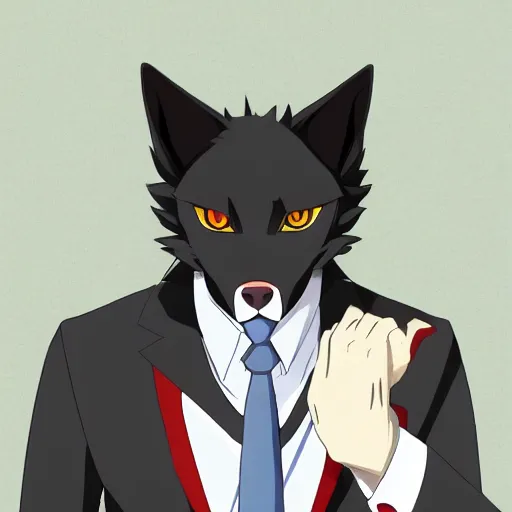 Image similar to key anime visual professional art of a close shot of an anthropomorphic black male wolf anthro furry fursona, wearing a business suit, handsome male eyes, anime office interior, official anime still, anime