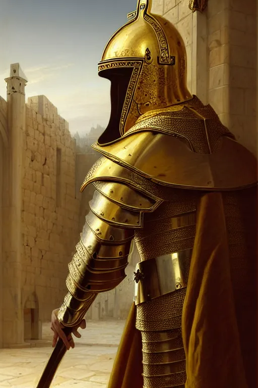 Image similar to man in decorated with gold in baroque style crusader armor, helmet hiding his face and white cape standing at the gates of jerusalem drawn by greg rutkowski realistic high detail