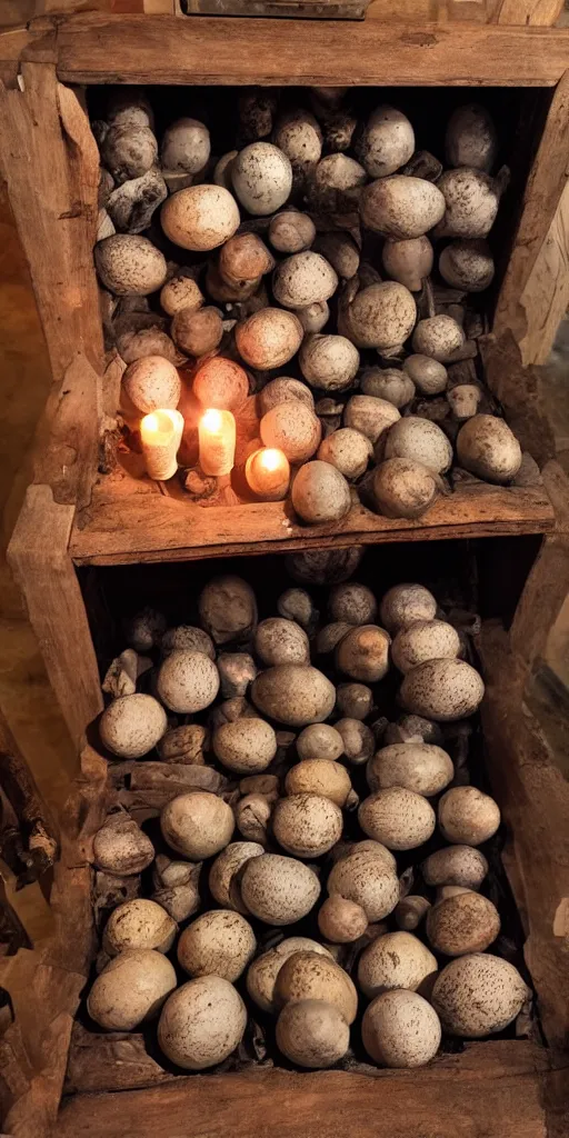 Image similar to a large old wooden cabinet full of extremely detailed scary alien eggs, burning candels in front, beautifull low light