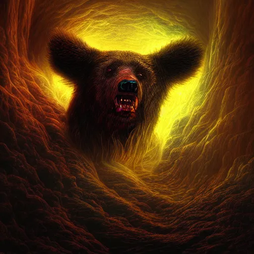 Prompt: photorealistic demon bear in the style of michael whelan and gustave dore. hyperdetailed photorealism, 1 0 8 megapixels, amazing depth, glowing rich colors, powerful imagery, psychedelic overtones, 3 d finalrender, 3 d shading, cinematic lighting, artstation concept art