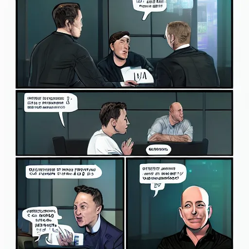 Prompt: Illustration meeting between Elon Musk, Jeff Bezos and Mark Zuckenberg, comic style , very detailled face, cgs society, very details, comic style, unreal engine, octane render, 8k