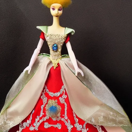 Image similar to a toy fox wearing a beautiful queen dress, highly detailed, exquisite, fabulous