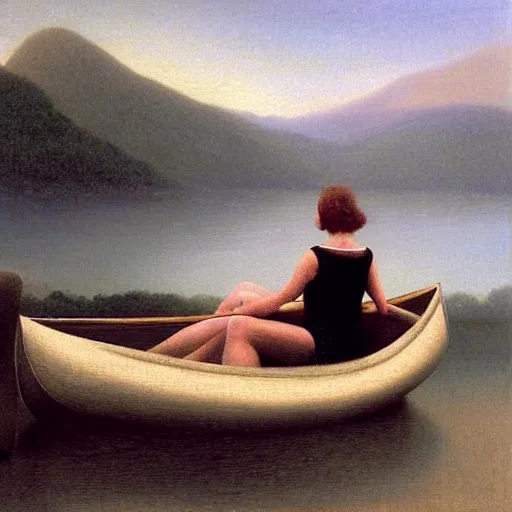 Image similar to “ girls sitting in canoe on the hudson river drinking beer!!!!!!!!, mountains in fog background, painting, by odd nerdrum ”