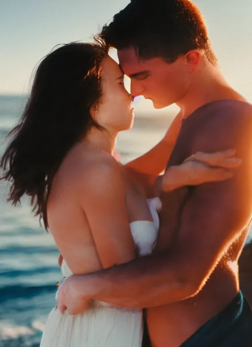 Prompt: A hyper realistic and detailed photography of a couple kissing from movie Here to Eternity, laying on secluded beach. by Cameron Hammond. Cinematic. Golden Hour. Kodak Portra 400. Lens flare. 35mm lens