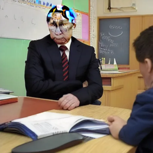 Image similar to a still of vladimir putin being scolded by a teacher at school