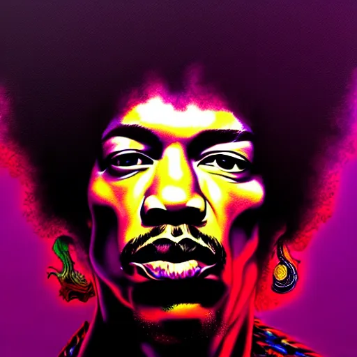 Image similar to portrait of jimi hendrix, extremely psychedelic, surreal, dramatic lighting, detailed, intricate, highly detailed, digital painting, artstation, concept art, smooth, sharp focus, illustration