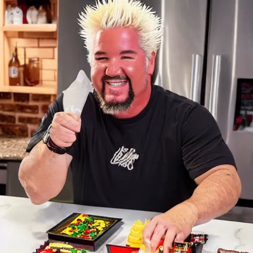 Prompt: guy fieri smiling ear to ear after making a lego food dish