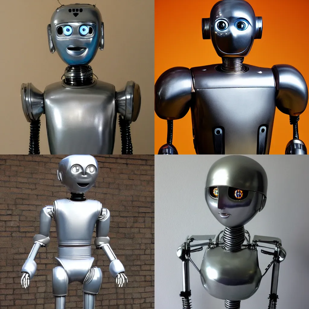 Prompt: unsettling retrofuturistic tin humanoid robot