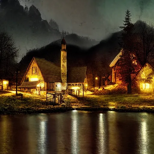 Prompt: a lamplit village on the coast of a lake, deep underground digital art