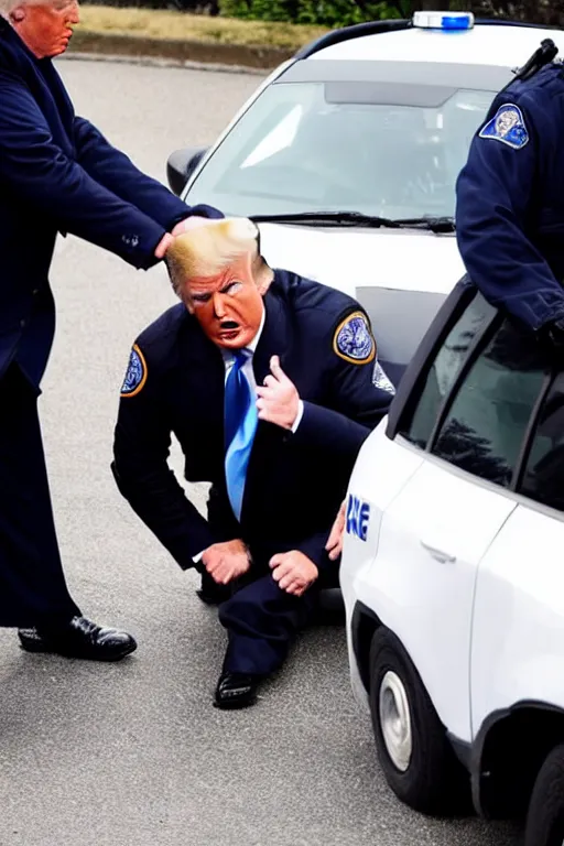 Image similar to donald trump being handcuffed by a police officer front of a police car, real life skin, intricate, high detailed, smooth, sharp focus