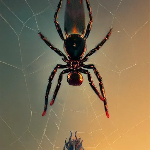 Image similar to spider on a neon web, 8 k octane beautifully detailed render, post - processing, extremely hyper - detailed, intricate, epic composition, cinematic lighting, masterpiece, trending on artstation, masterpiece, stunning art by anders zorn, wonderful masterpiece by greg rutkowski, beautiful cinematic,