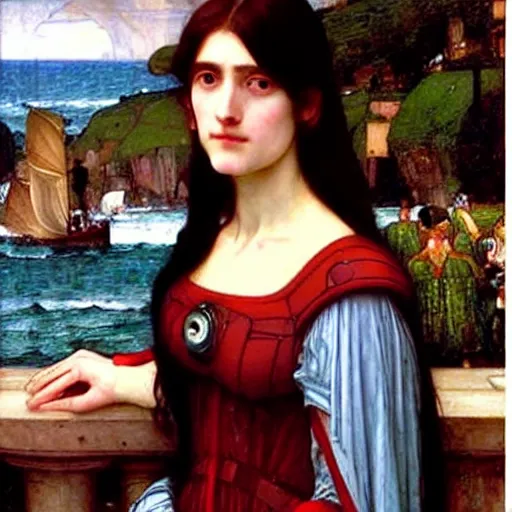 Prompt: Waterhouse, lady of shallot after Borg assimilation, detailed, ethereal, Cybernetic implant , Oil painting H 768