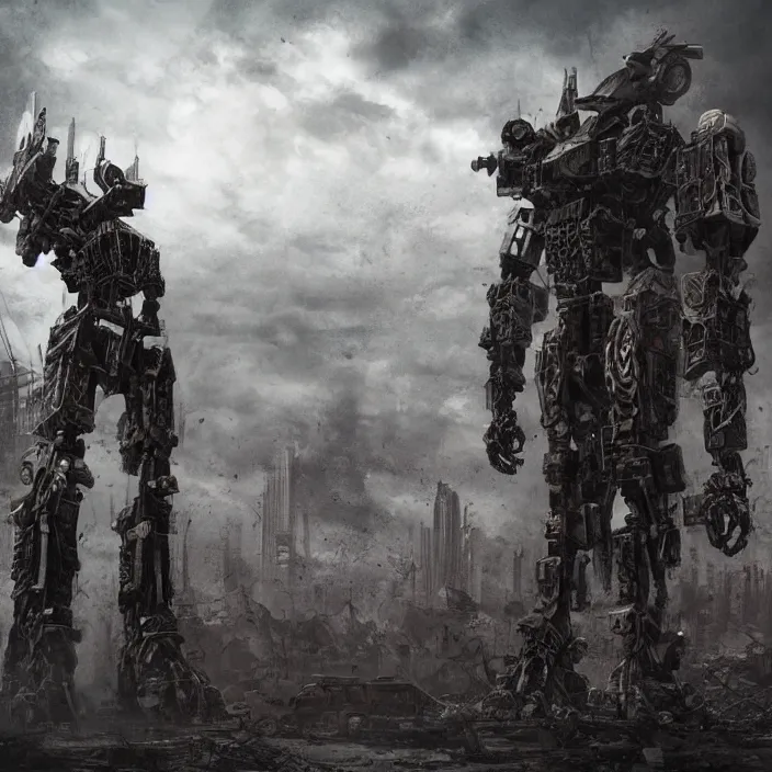 Image similar to gritty apocalyptic scene of human standing next to mech, hyper - detailed, sharp focus, 4 k ultra hd, fantasy dark art, apocalyptic art