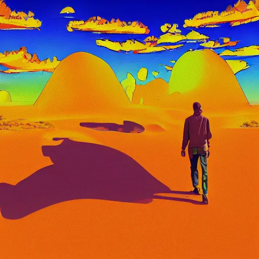 Prompt: man hallucinating in desert, vibrant color scheme, intricately detailed, in the style of realism, cinematic, artstation,