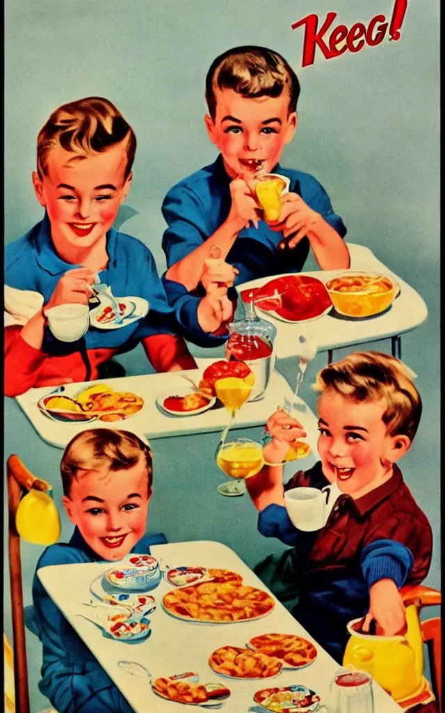 Prompt: 1 9 5 0 s poster of two kids having breakfast with kellogs cereal, retro, vintage, colorful, advertising, high quality, illustration, digital art