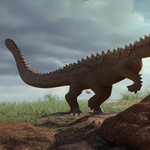 Prompt: A cat that looks like a Stegosaurus, walking through a Jurassic landscape, photorealistic unreal engine render, trending on artstation,