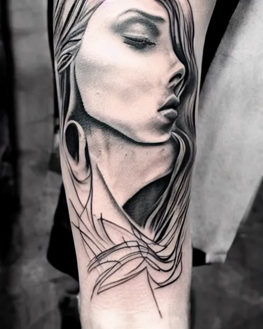 Prompt: tattoo design sketch of a beautiful woman face next to a faded background of beautiful mountains on her side, hyper - realistic, in the style of den yakovlev, amazing detail, black and white