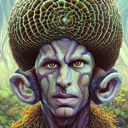 Image similar to fungus labyrinth mohawk scales reflector portrait by gaston bussierre and charles vess and james jean and erik jones and rhads, inspired by rick and morty, epic, funny, huge scale, beautiful fine face features, intricate high details, sharp, ultradetailed