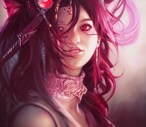 Image similar to a Demon Slayer FAN art portrait of grown up Mitsuri Kanroji ,by Stanely Artgerm,Tom Bagshaw,arthur adams,Carne Griffiths,trending on DeviantArt,street art,face enhance,chillwave,maximalist,full of color,glittering