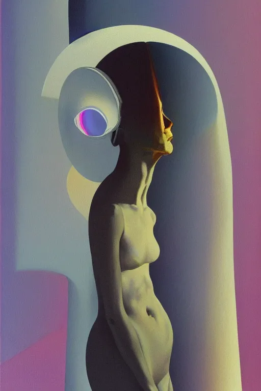 Image similar to woman wearing oculus and digital glitch head edward hopper and james gilleard, zdzislaw beksisnski, higly detailed