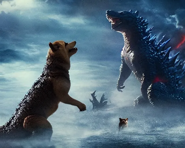 Prompt: godzilla as a shiba inu in a Godzilla: King of the Monsters still film directed by Christopher Nolan, shooting beams and toppling over cities, epic action scene