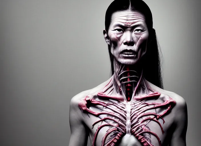 Image similar to mid shot portrait of samurai with invisible skin, visible bones and muscle and veins and nerves and internal organs, in the style of david cronenberg, high fashion, id magazine, realistic, sharp focus, 8 k high definition, film photography, photo realistic, insanely detailed, by david kostic and stanley lau and artgerm